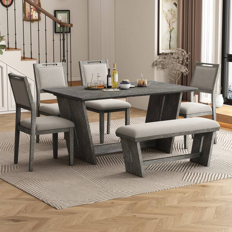 6-Piece Transitional Dining Set with 4 Chairs & Bench - Gray