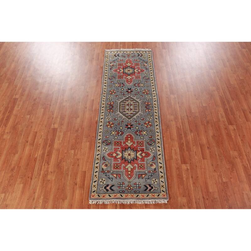 Hand Knotted Oriental 100% Wool Carpet Traditional Geometric Greys & Charcoal Heriz (serapi) Runner Rug - 7' 8'' X 2' 7''