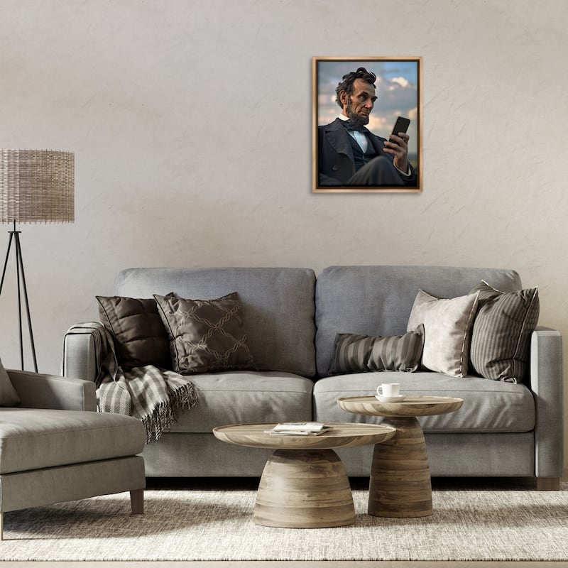 Stupell Abe Lincoln with Cellphone Framed Floater Canvas Wall Art Design By Michael McKinney