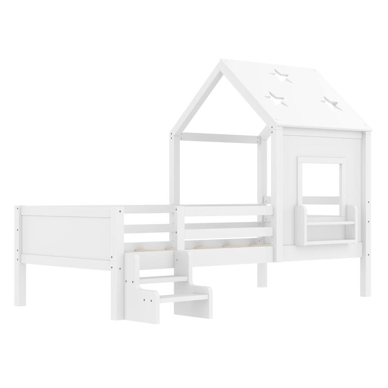 Low Profile Stairs Platform Bed Wood House Bed with Cute Star-shape Roof, Window, Bookcase and Blackboard for Boys and Girls