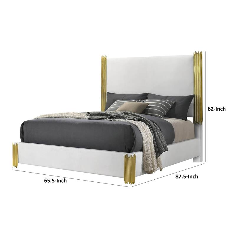 Dyl Queen Bed, Soft Foam Upholstered, White Fabric, Gold Accent Posts