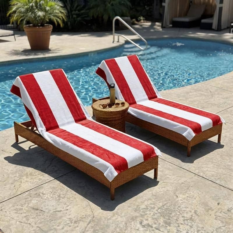 100% Cotton Cabana‑Stripe Lounge Chair Cover Terry Towel with Fitted Pocket & Back Flap Set of 2 - Red