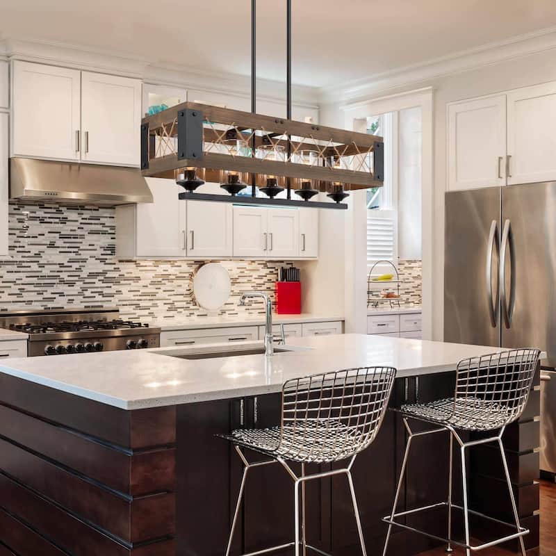 Farmhouse 5-Light Wood Chandelier Rustic Kitchen Island Lights for Dining Room - W31.9" X E10.6" X H10.2"