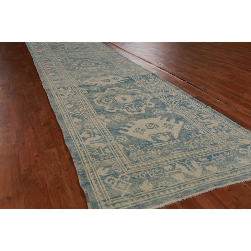 Hand Knotted Oriental 100% Wool Carpet Transitional Geometric Navy Blue & Blues Oushak Runner Rug - 14' 2'' X 3' 1''