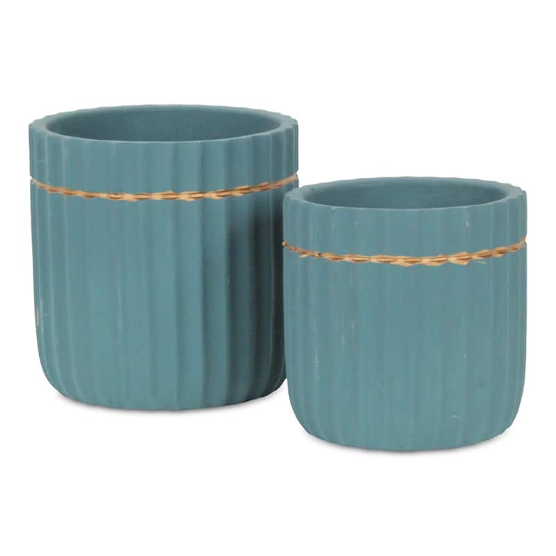 Aurine Round Gold Trimmed Ridged Ceramic Pot - Blue