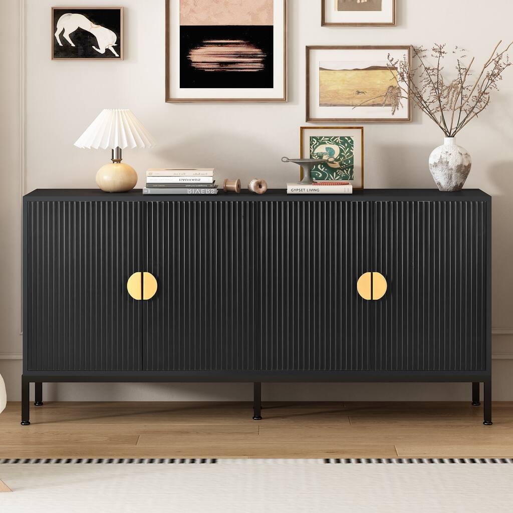 Modern Vertical Striped Four-Door Sideboard with Metal Legs and Semi-Circular Handles, Ideal for Living Room & Entryway