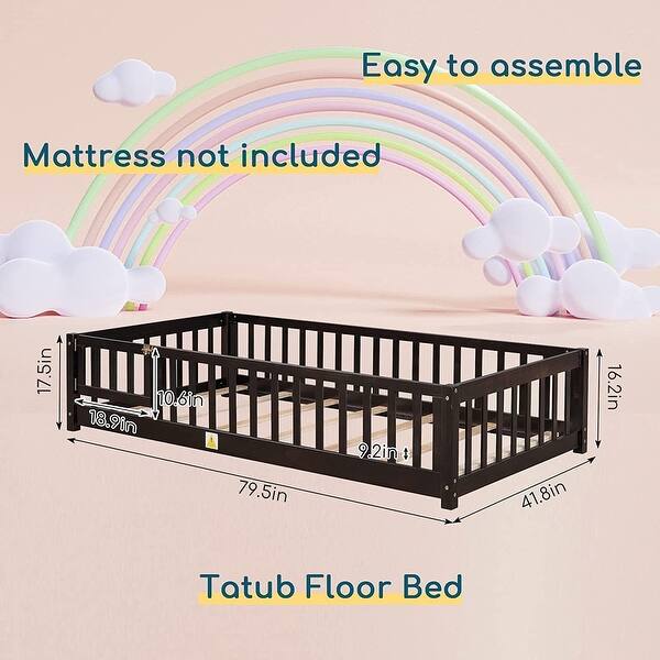 dimension image slide 3 of 10, Twin/Full/Queen Size Floor Bed with Safety Guardrails, Toddler Floor Bed for Girls and Boys