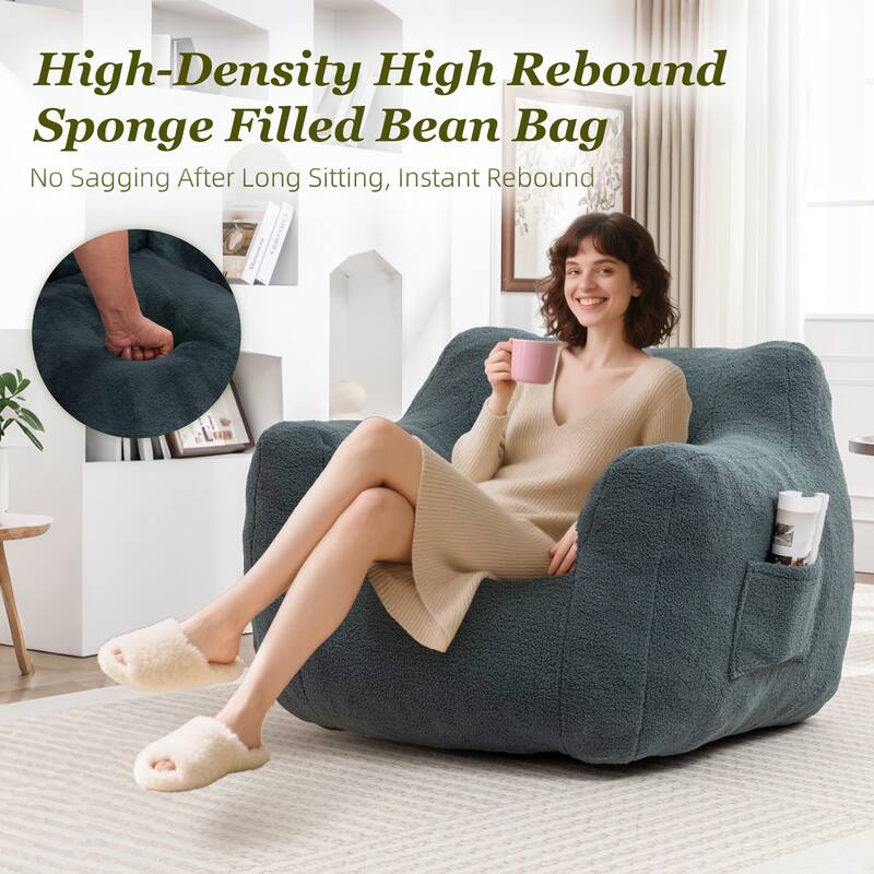 HOMEFUN Teddy Fabric Upholstered High-Density Foam Bean Bag Sofa Chair with Armrests