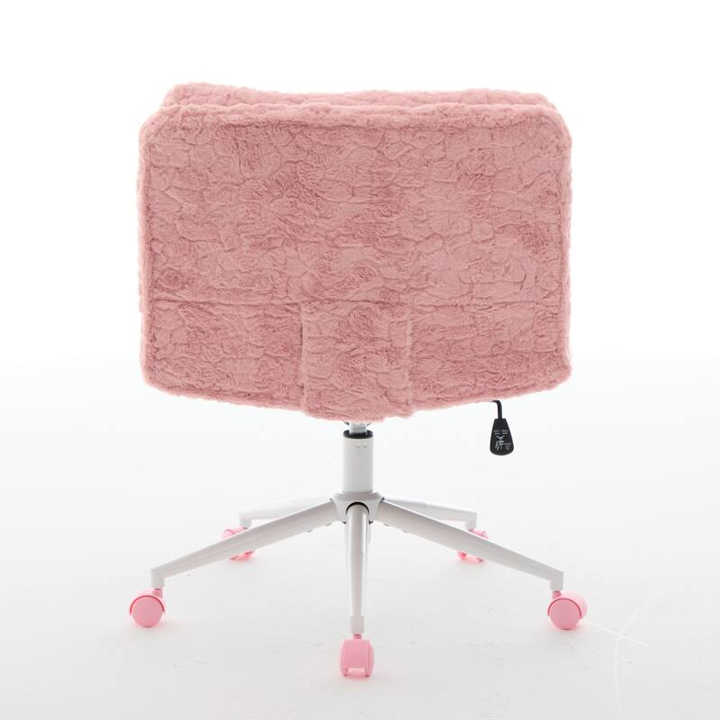 Roomfitters Wide Faux Fur Office Chair, Adjustable Swivel Desk Chair with White Metal Base, Cozy Upholstered Vanity Chair