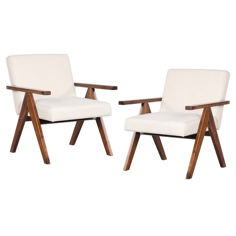 2 PCS Modern Accent Chair Linen Fabric Armchair w/ Wood Frame Cushions - Beige