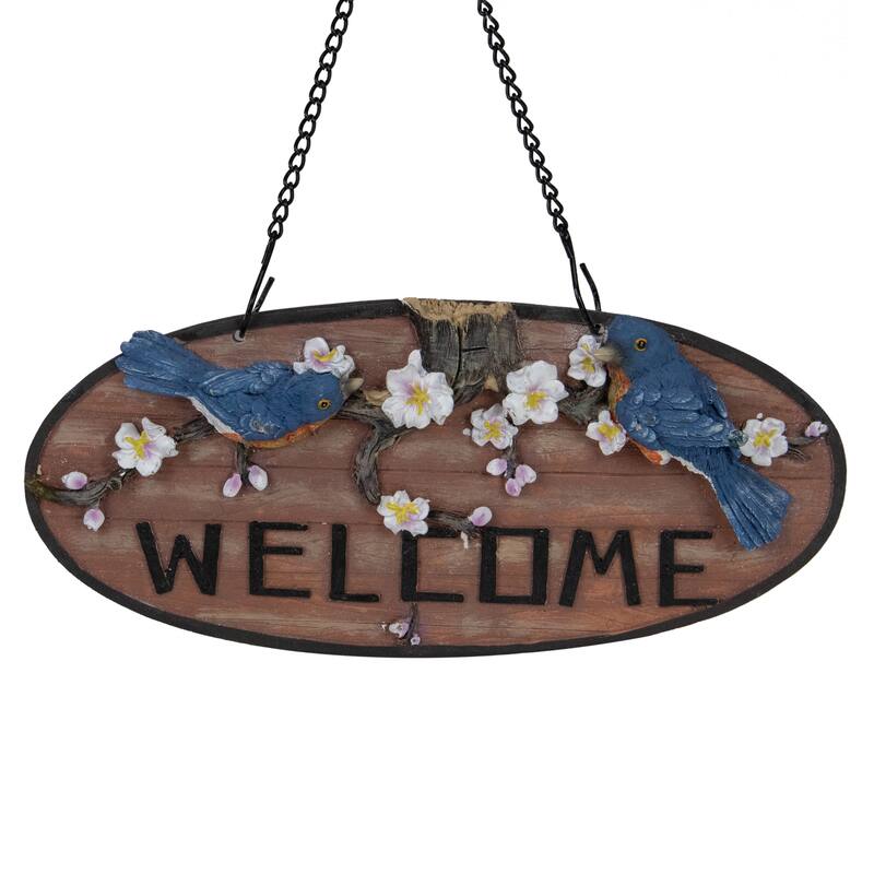 Welcome Bluebirds and Flowers Hanging Sign - 12"