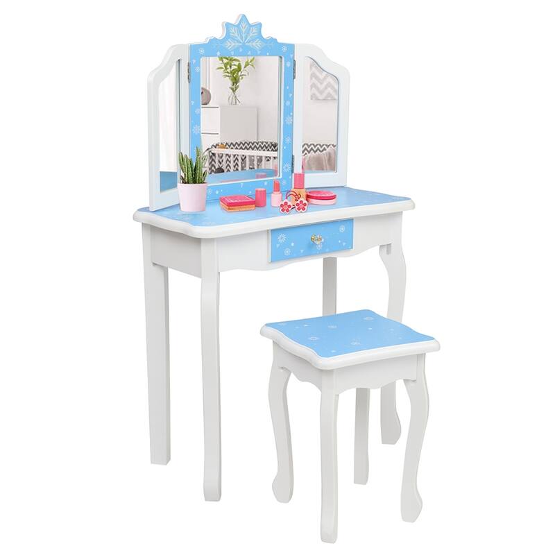 Kids Vanity Table and Stool Set Three-Sided Folding Mirror Single Drawer