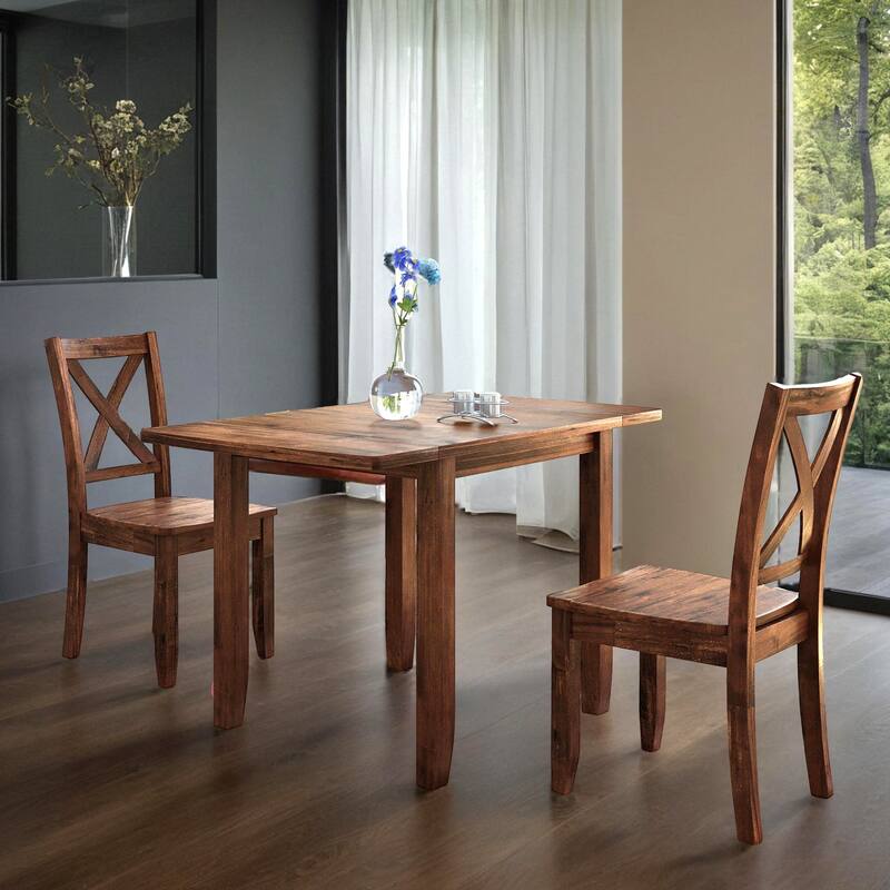 3-Piece Wood Drop Leaf Breakfast Nook Dining Table Set with 2 X-back Chairs for Small Places