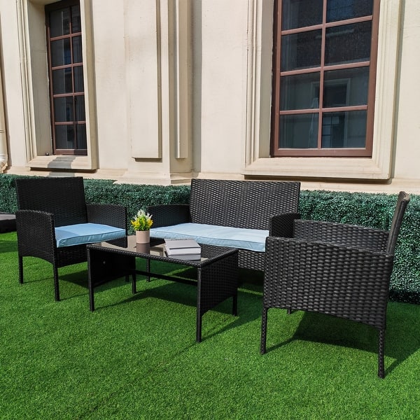 4 Piece Patio Conversation Wicker Furniture Set, Outdoor Rattan Sectional Furniture Set With Cushions for Yard Garden