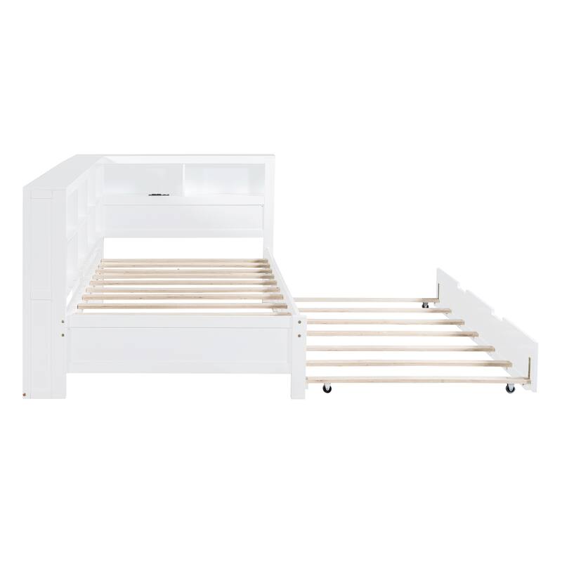 Wooden White Twin Size Daybed with Trundle Bed & Storage Shelf