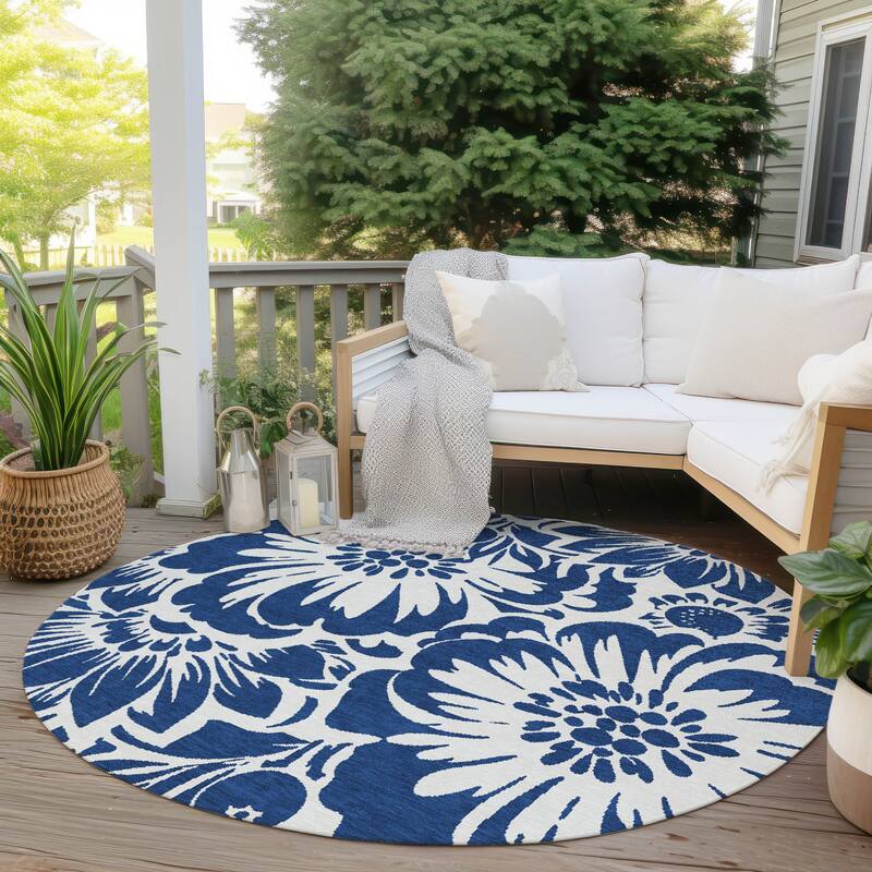 Machine Washable Indoor/ Outdoor Whimsy Floral Chantille Rug - Navy - 8' x 8'