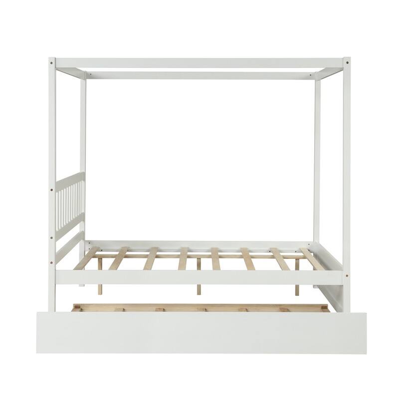 Full Size Canopy Bed with Twin Trundle, Kids Solid Wood Platform Bed Frame w/ Headboard, No Box Spring Needed