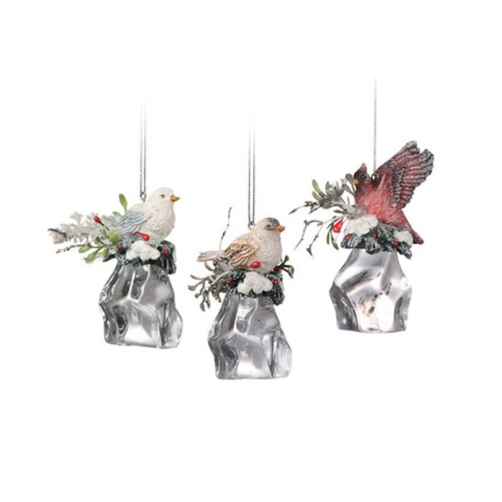 12 Clear Icy Crystal Christmas Birds on Ice Cubes Ornaments 3"