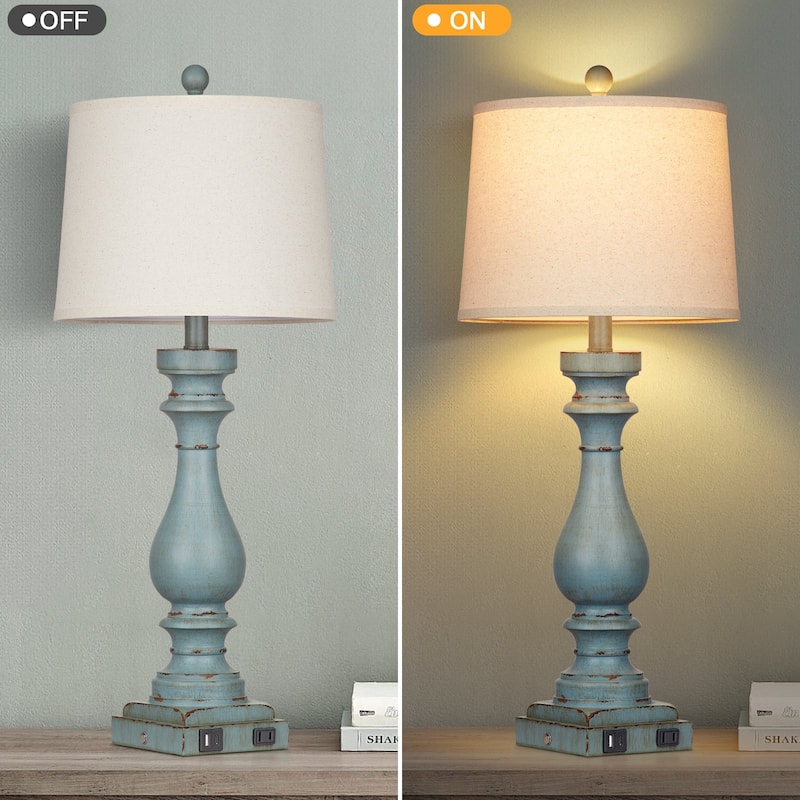 Set of 2 Blue Resin Drop-Style Table Lamps with 3-Way Touch Dimming and Charging Ports