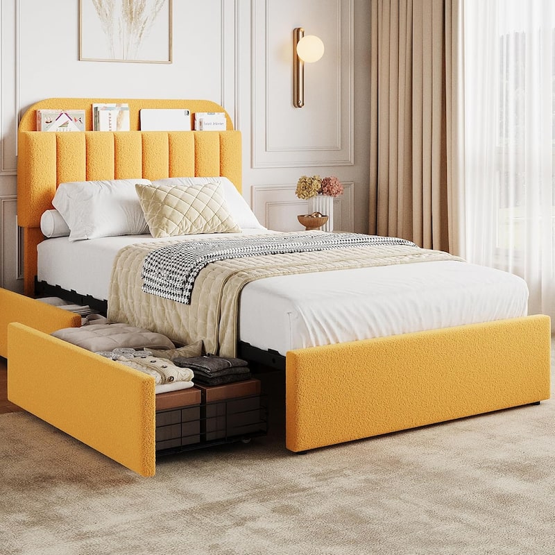 Bed Frame with 2 Drawers, Boucle Upholstered - Yellow - Twin