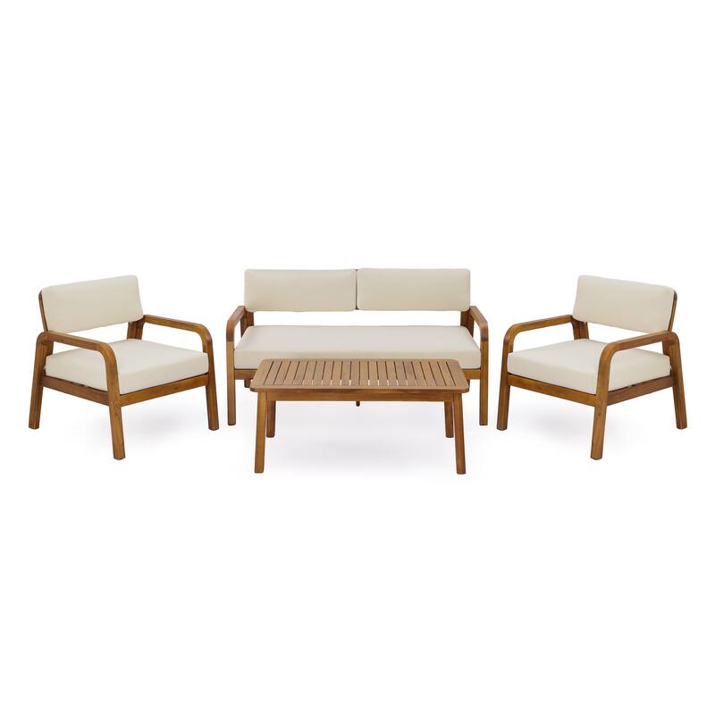Christopher Knight Home - Solid Acacia Wood Outdoor Patio 4-Piece Sofa Set with Cushions - Cream,Teak