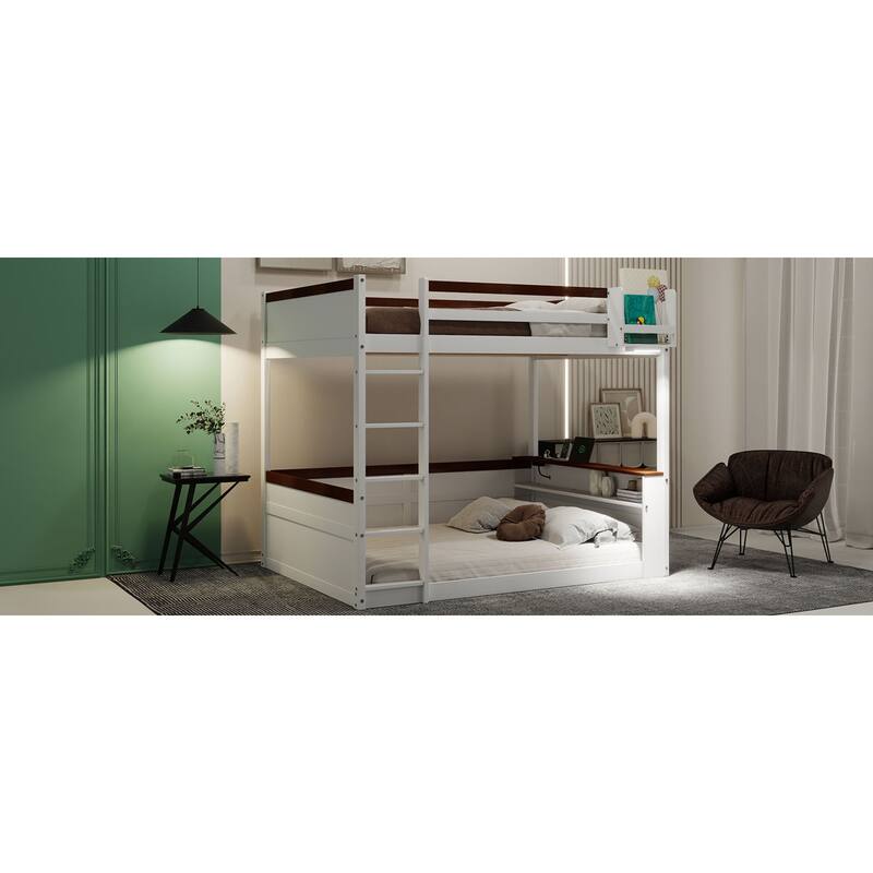 Roomfitters Queen Over Queen Bunk Bed with Storage Box, LED Light and USB Charging, White