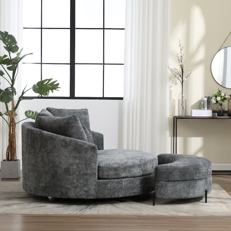 Modern Sofa Chair Round Accent Barrel Chair With 5 Pillows and Storage Ottoman