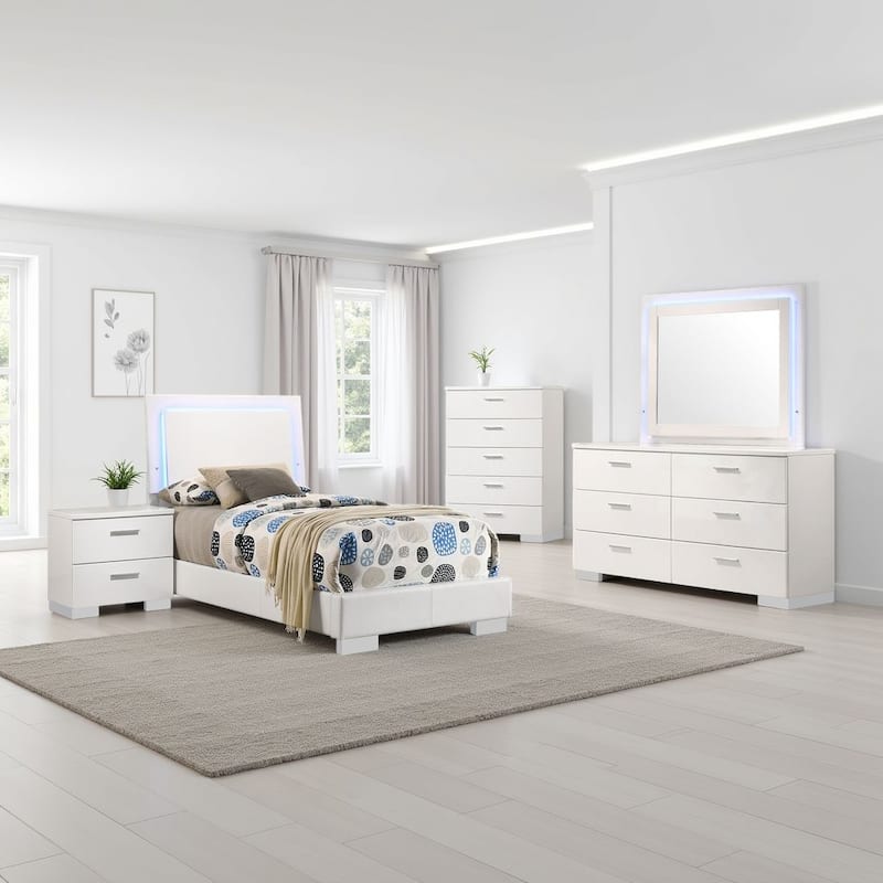 Sok 5pc Twin Bedroom Set, Blue LED Lights, Faux Leather, White Wood