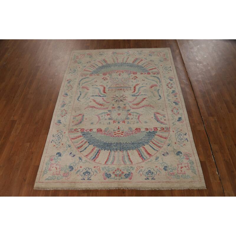 Vegetable Dye Beige Art Deco Turkish Rug Hand-Knotted Wool Carpet - 5'0"x 6'11"