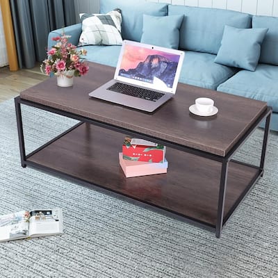 Sturdy Industrial Design Metal Legs Wooden Coffee Tables For Living Room 2 Layer