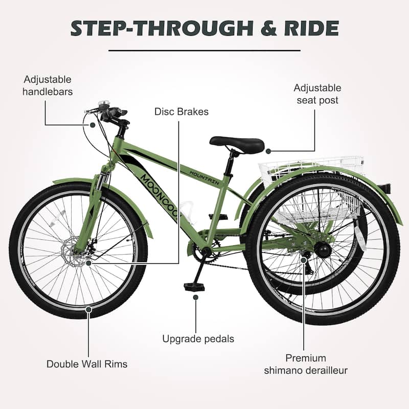 DoCred Mountain Tricycle 7 Speed 3 Wheel Bike with Basket