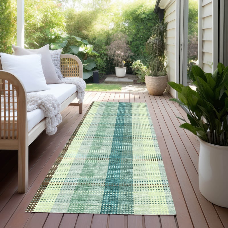 Machine Washable Indoor/ Outdoor Modern Plaid Chantille Rug - Sage - 2'3" x 7'6"