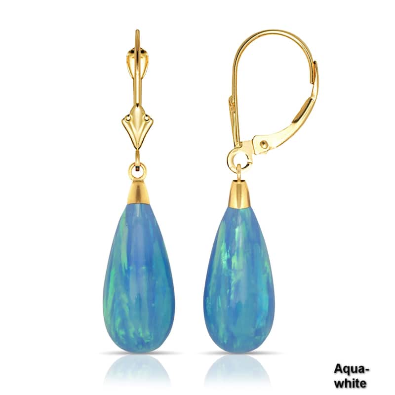 Curata 14K Yellow Gold Tear-drop Created Opal Dangle Leverback Earrings - Blue