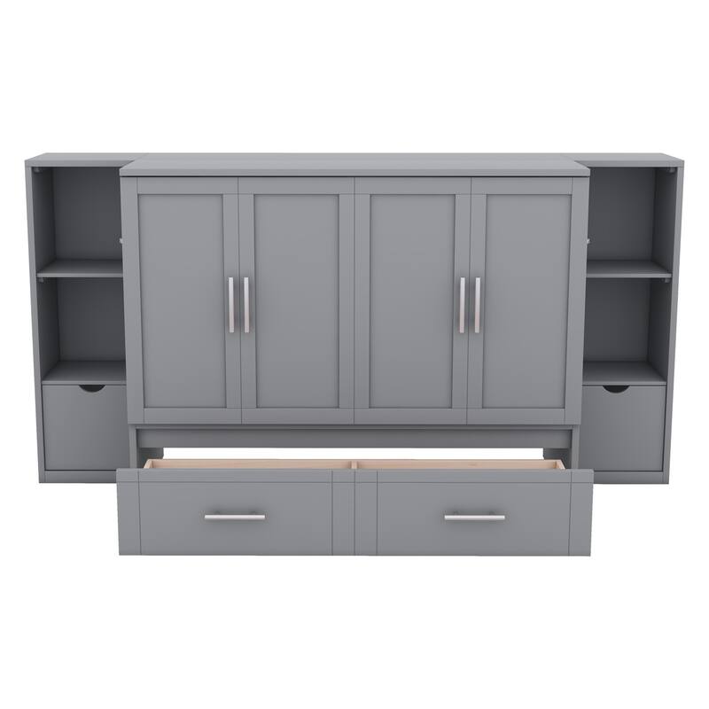 Space-Saving Full Size Murphy Bed with Shelves, Drawers, and USB Ports in Gray