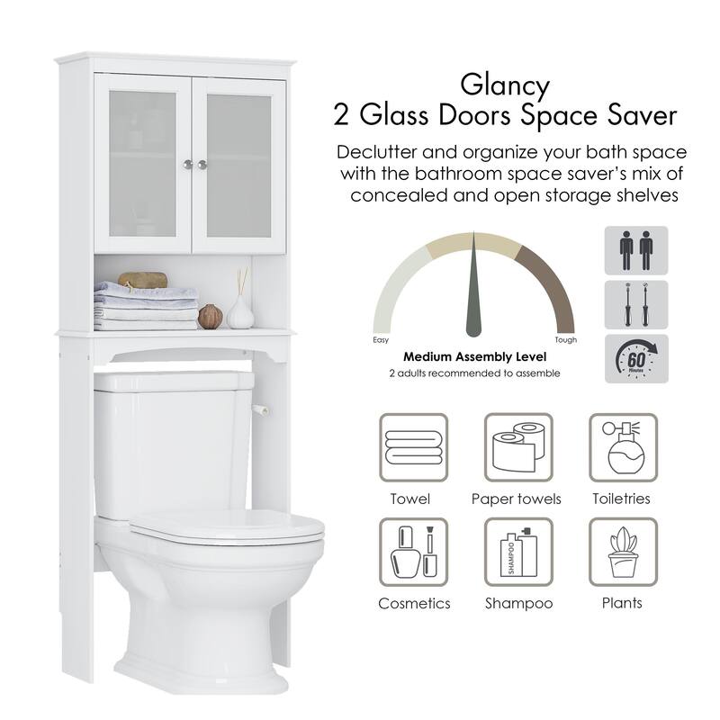 COSTARS Over The Toilet Cabinet for Bathroom Storage, Above Toilet Storage Cabinet with Glass Doors, White