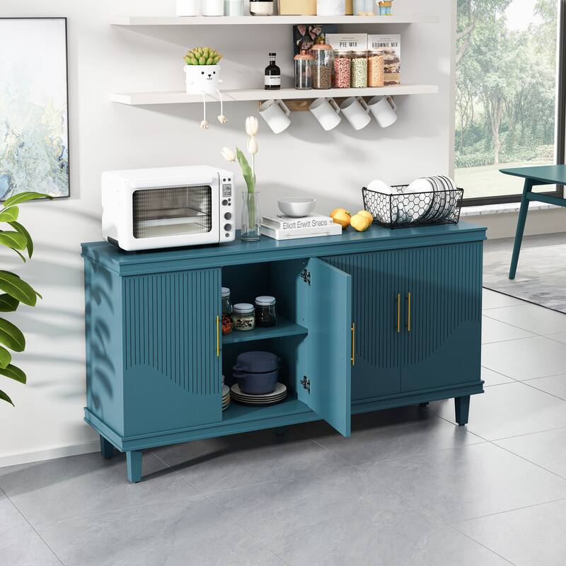 Durable Pantry Cabinet Buffet Storage Cabinet with Adjustable Shelves, Blue Dresser Floor Cabinet with Solid Wood Legs
