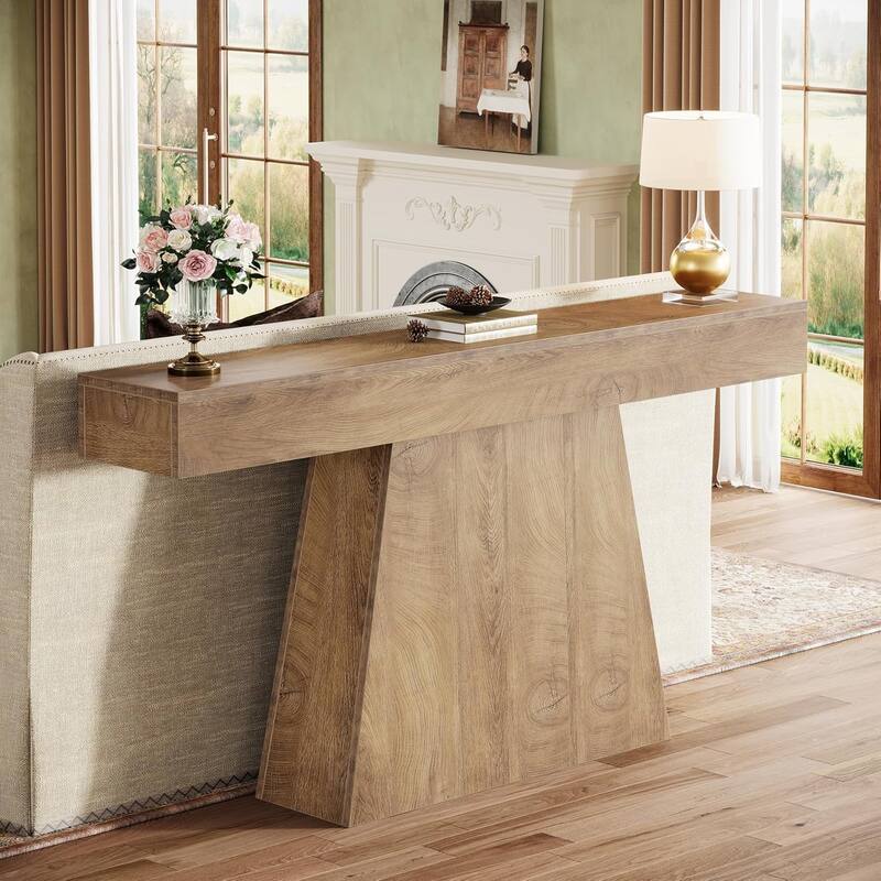 63" Narrow Long Console Table, Farmhouse Entryway Table with Trapezoidal Base - 63" L x 11.6" W x 35.4" H