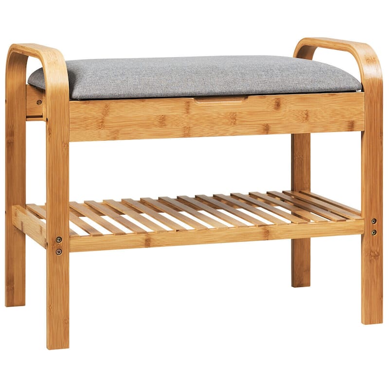 Gymax Shoe Rack Bench Bamboo W/Cushioned Seat&Storage Shelf Padded - See Details - Grey - See Details