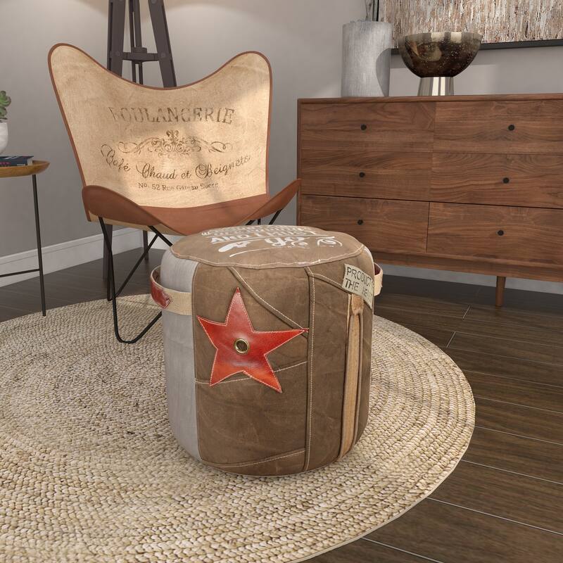 Brown Canvas Pouf with Leather Accents