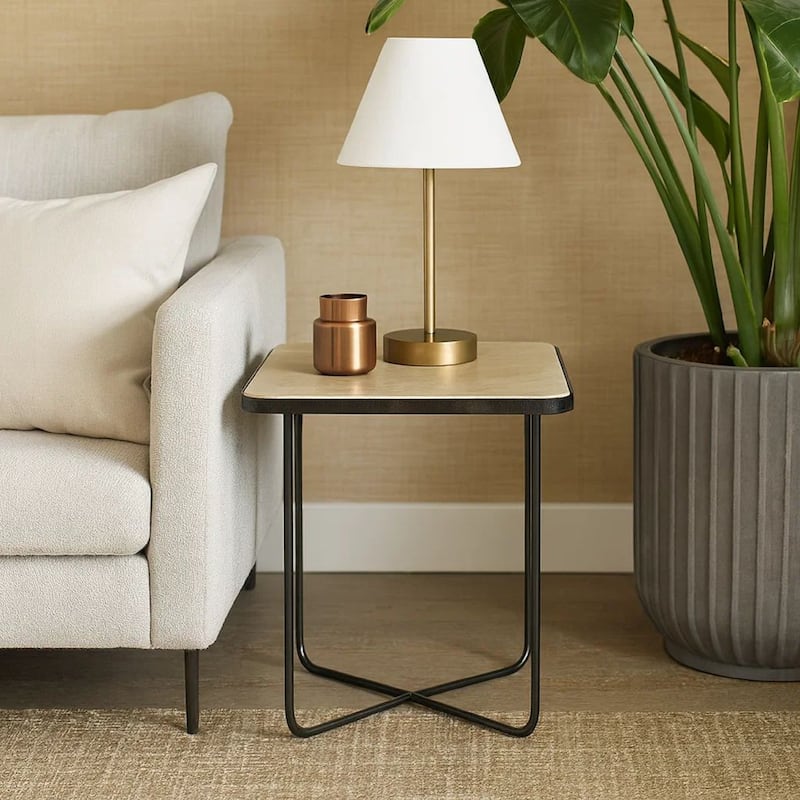 24 Inch Square Accent Side End Table, Iron, Travertine Marble Top, Black