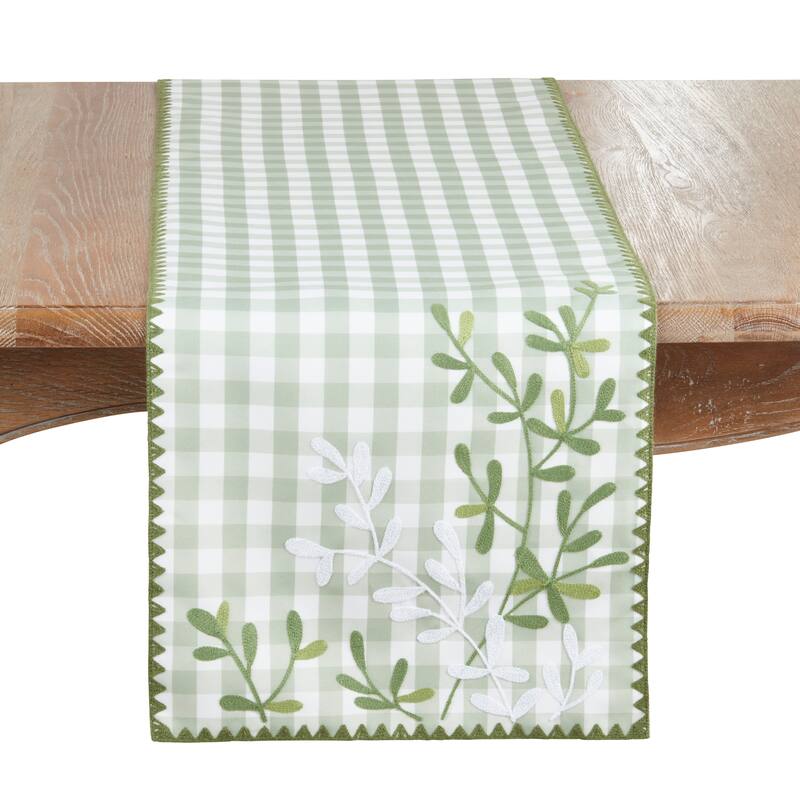 Embroidered Gingham Table Runner - Non-Reversible Decorative Table Runner for Dining Table, 16"x70" - 16"x70" - Green
