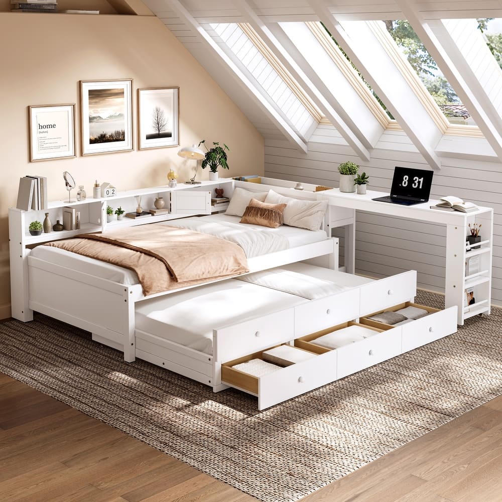 Full/Twin Daybed with Trundle & Storage Drawers - Wood Frame with Side Shelves and Desk
