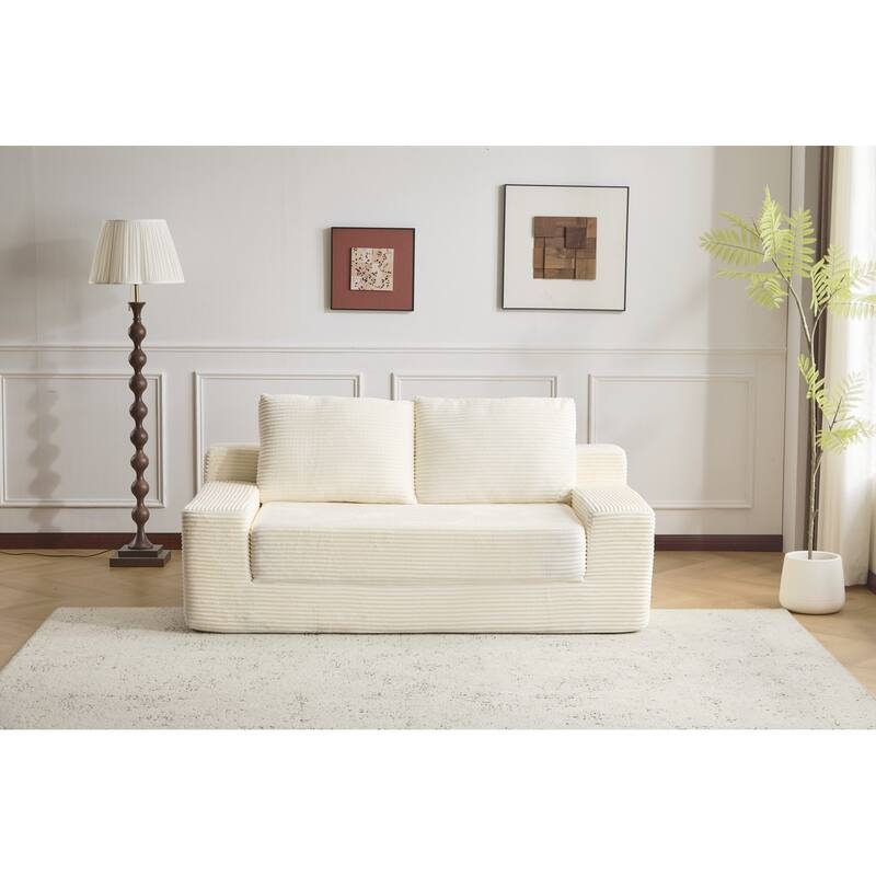 Loveseat Sofa, Comfortable Deep Seat Sofa Bed, Modern Small Corduroy Couch for Living Room Bedroom - White