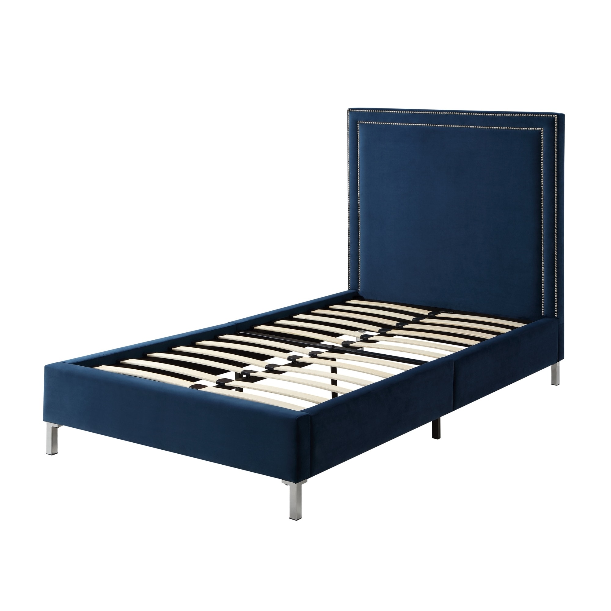 Navy Blue Solid Wood Twin Upholstered Velvet Bed with Nailhead Trim Bed Bath Beyond 39861909