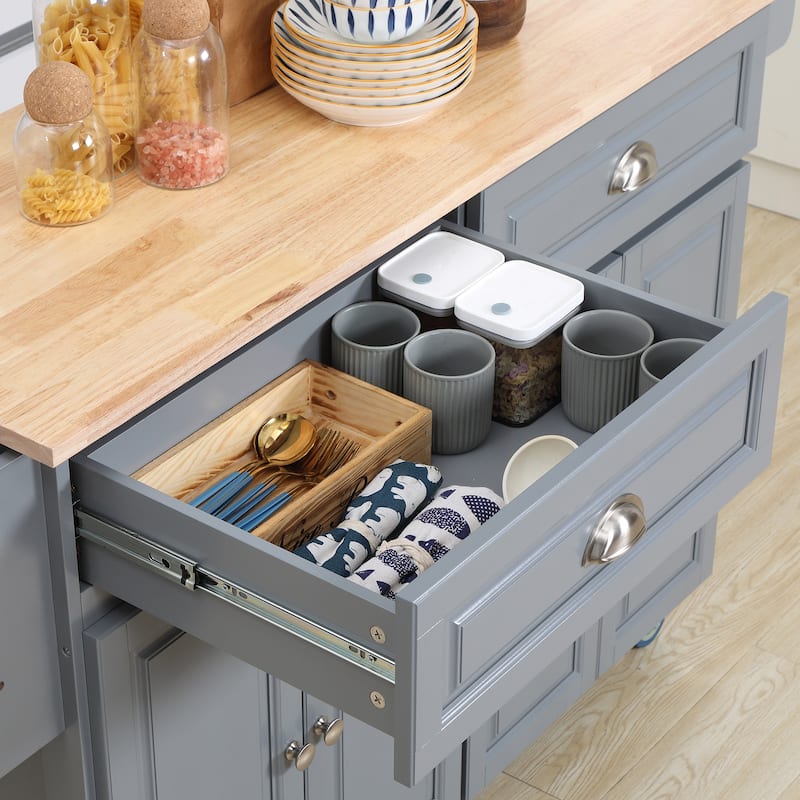 HOMCOM Rolling Kitchen Island on Wheels Utility Cart with Drop-Leaf and Rubber Wood Countertop, Storage Drawers, Dark Grey
