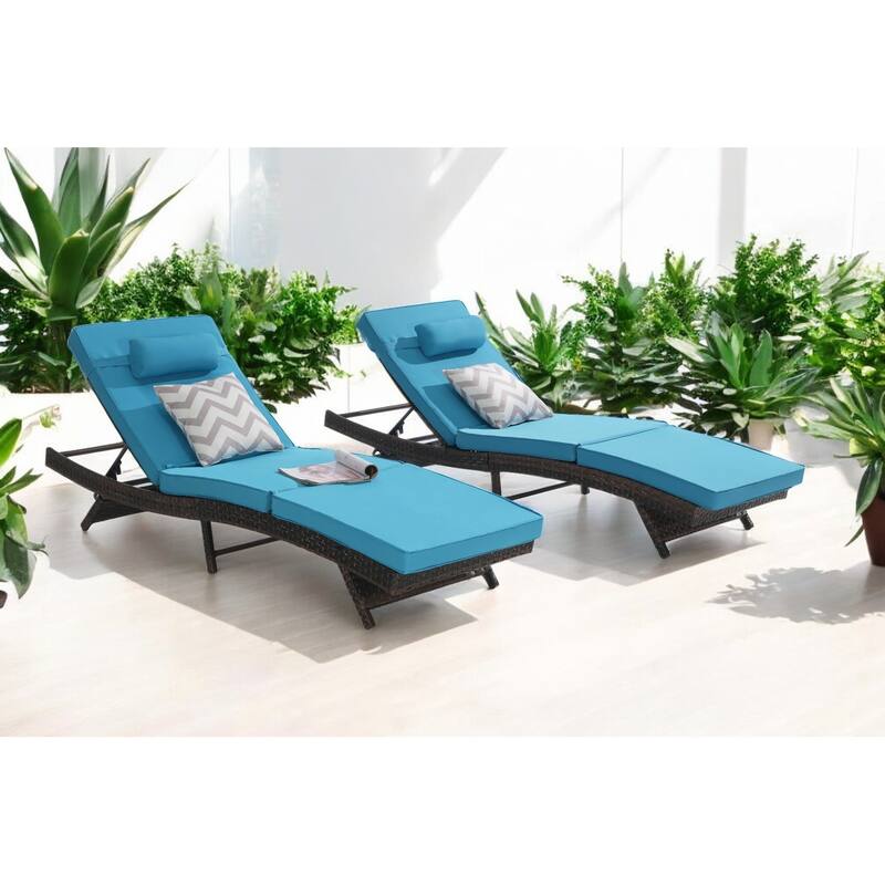 Adjustable Wicker Lounge Chair Set of 2 - Reclining Sunbathing Chairs with Cushions, All-Weather PE Rattan for Patio & Garden