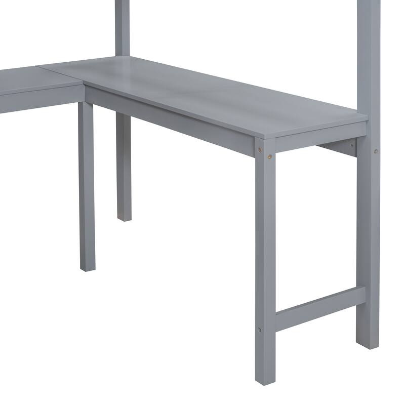 Full Size Loft Bed with Desk and Shelf in Gray and White