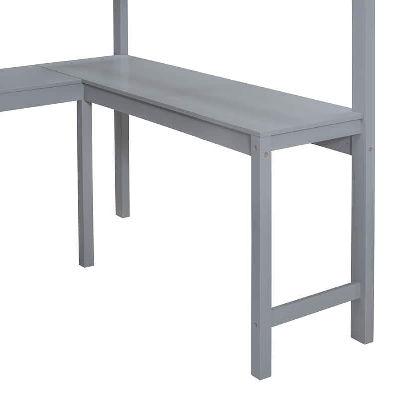 Gray Full Solid Wood Loft Bed with Desk & Shelf