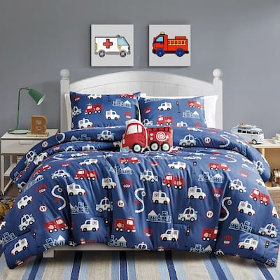 DCP 4 Piece All Season Ultra Soft Polyester Bedding Comforter Set,Blue with Colorful Vehicles