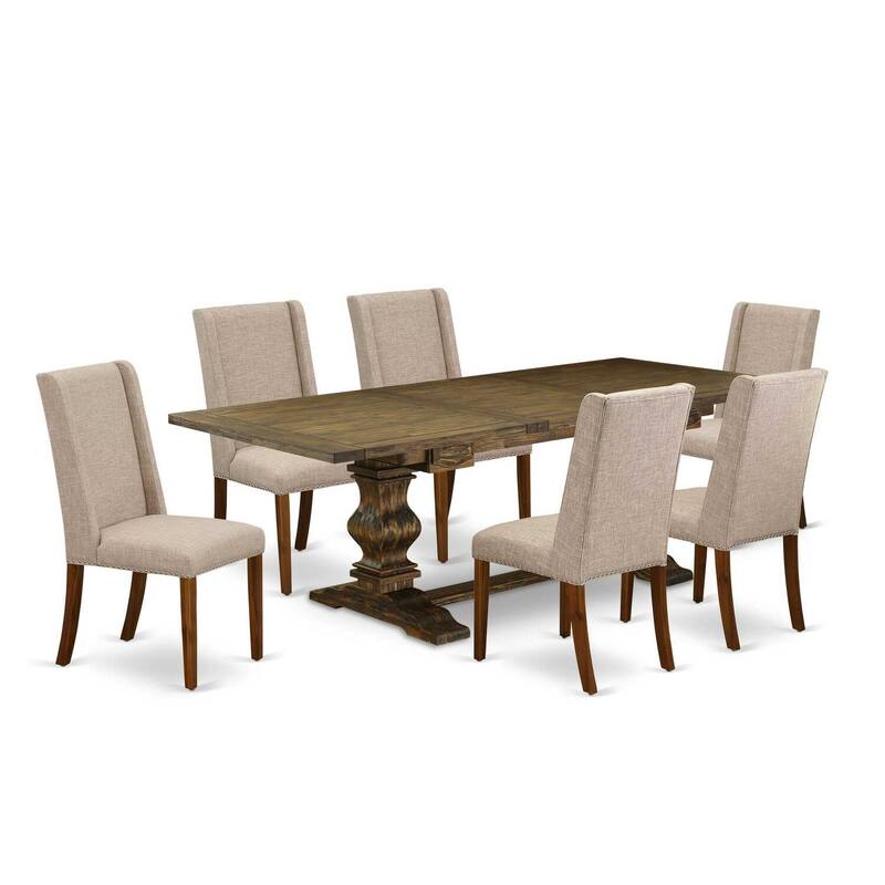 7-Piece Kitchen Dining Set - Linen Fabric Chairs & Pedestal Table - Antique Walnut & Distressed Jacobean Finish - 92
